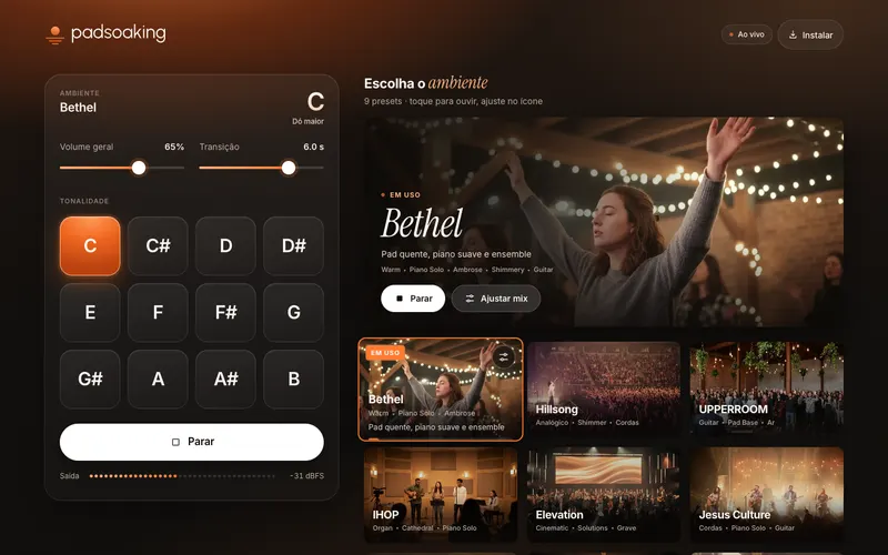 O padsoaking aberto no computador, com o ambiente Bethel tocando