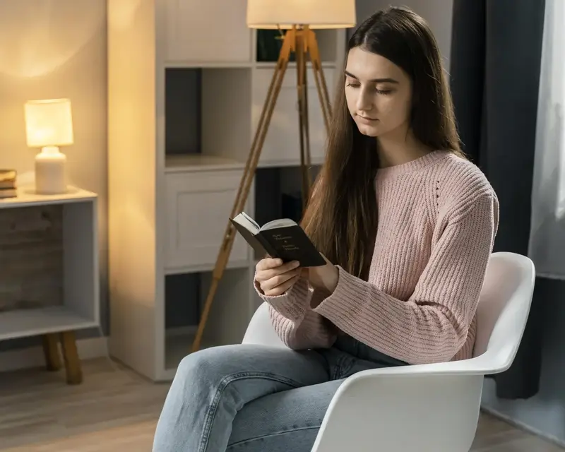 Mulher lendo em casa, à luz de um abajur